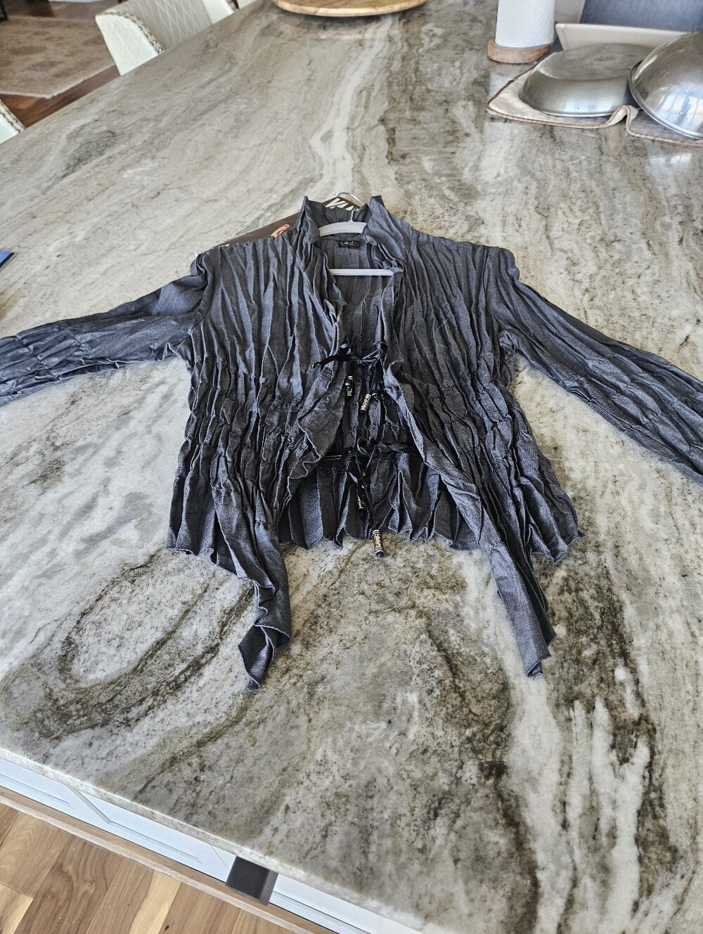 TRIBAL 10 Accordian Pleat Jacket With Ties Grey Wax Finish